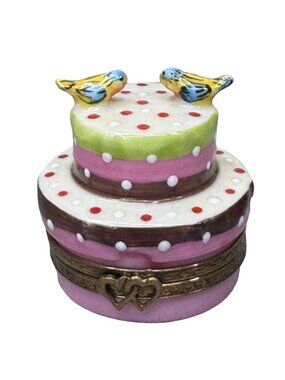 Hand Painted Limoges France Miniature Polka Dot Cake Trinket Box Birds Wedding